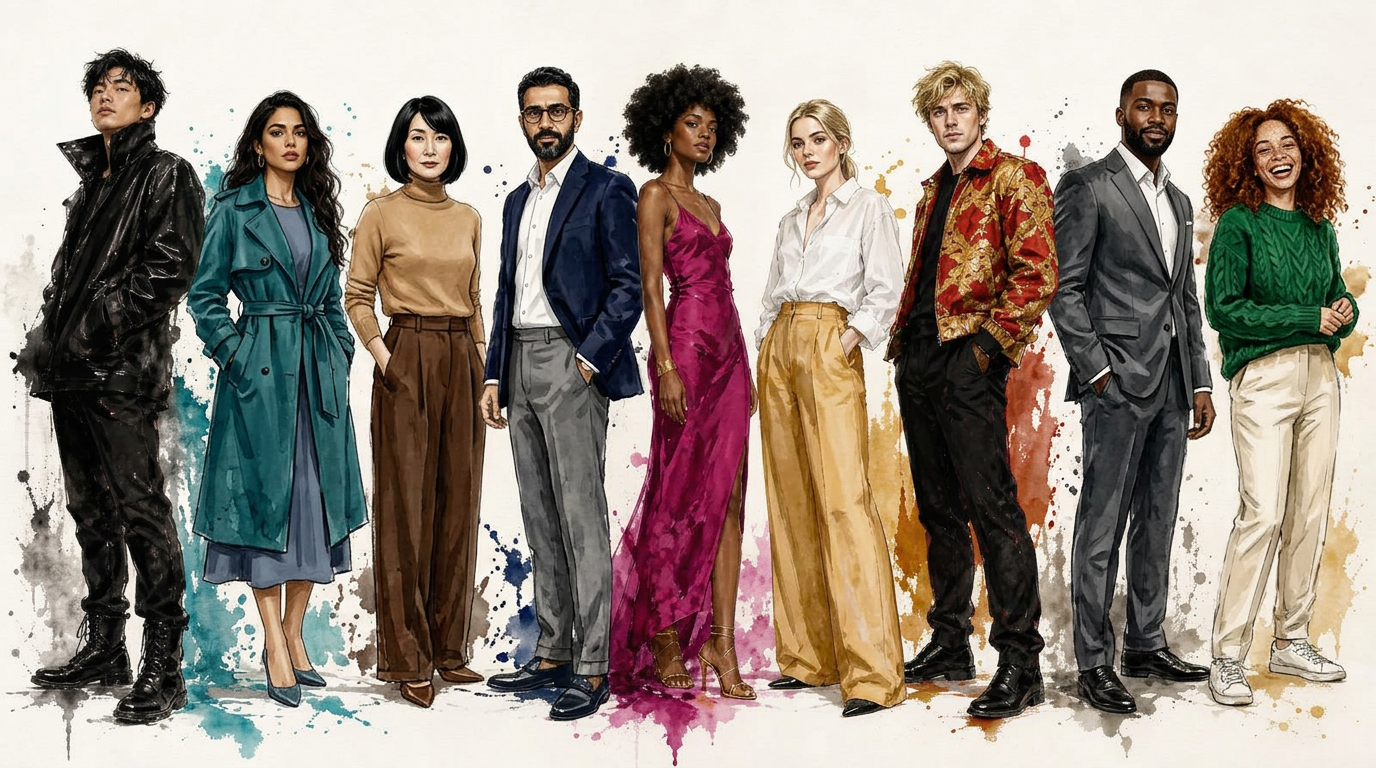 Ink-painted casting line-up of the nine Pesavie narrative archetypes: an East Asian man in black leather, a Latina woman in a turquoise trench, a Japanese woman in camel cashmere, a Middle Eastern man in a navy blazer and tortoiseshell glasses, a Black woman in a magenta silk slip dress at the centre, a blonde white woman in a white shirt and ochre trousers, a blond white man in a red and gold jacket, a Black man in a charcoal tailored suit, and a laughing mixed-race woman in an emerald knit